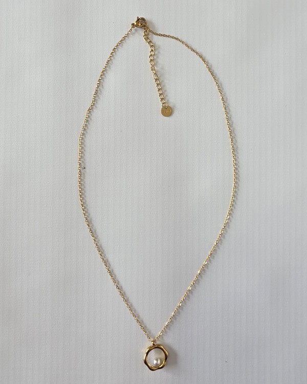 COLLAR CADENA FINA CÍRCULO IRREGULAR CON PERLA - ACERO INOXIDABLE