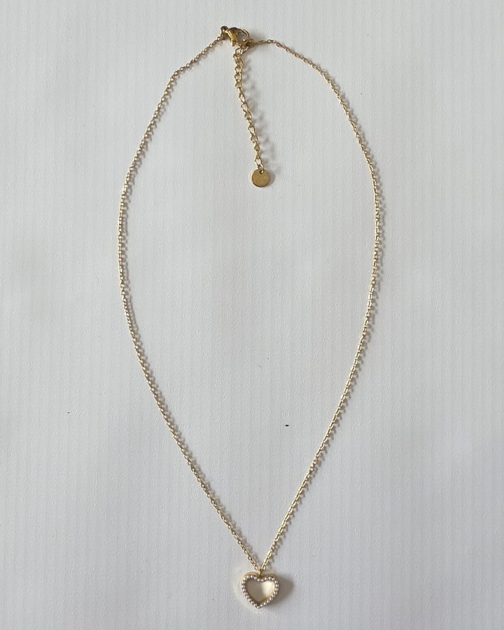 COLLAR CADENA FINA CORAZÓN PERLITAS - ACERO INOXIDABLE