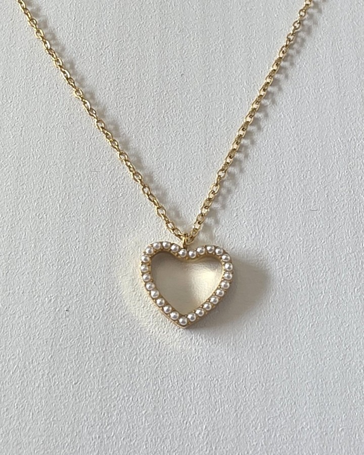 COLLAR CADENA FINA CORAZÓN PERLITAS - ACERO INOXIDABLE