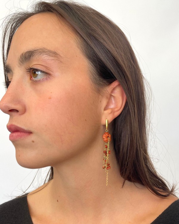 PENDIENTES LARGOS FLOR PIEDRA -  ACERO INOXIDABLE