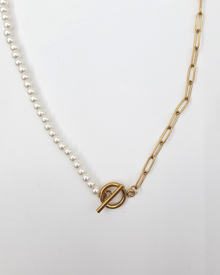 COLLAR CADENA Y PERLAS - ACERO INOXIDABLE