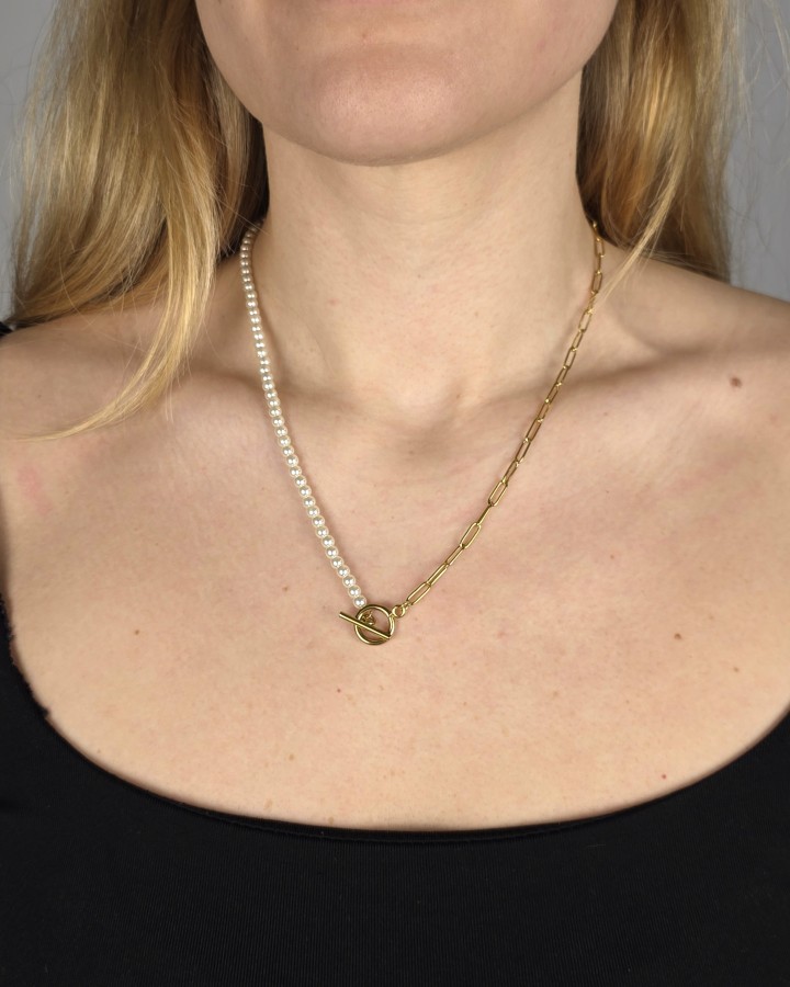 COLLAR CADENA Y PERLAS - ACERO INOXIDABLE