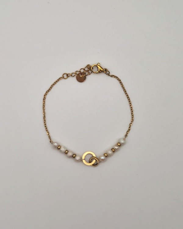 PULSERA DE CADENA FINA PERLAS Y ALIANZA - ACERO INOXIDABLE