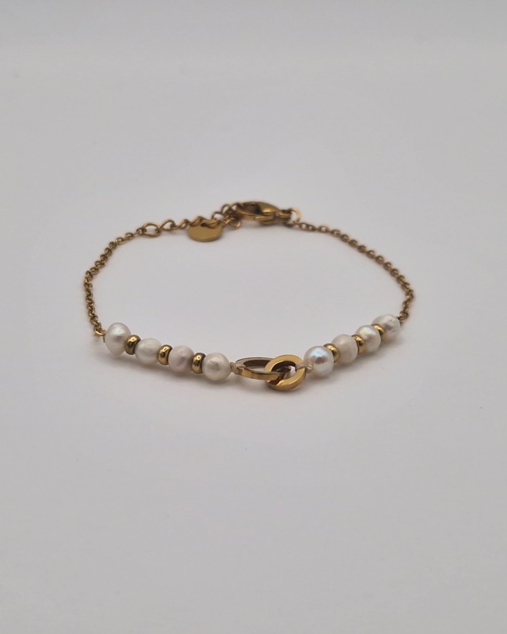 PULSERA DE CADENA FINA PERLAS Y ALIANZA - ACERO INOXIDABLE