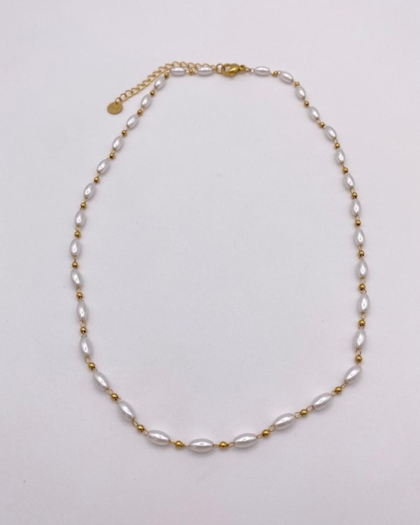 COLLAR CADENA FINA CON PERLAS ALARGADAS - ACERO INOXIDABLE